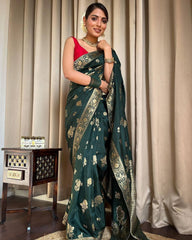 Stunning Banarasi Soft Silk Green Saree with Heavy Brocade Blouse Colorful Saree