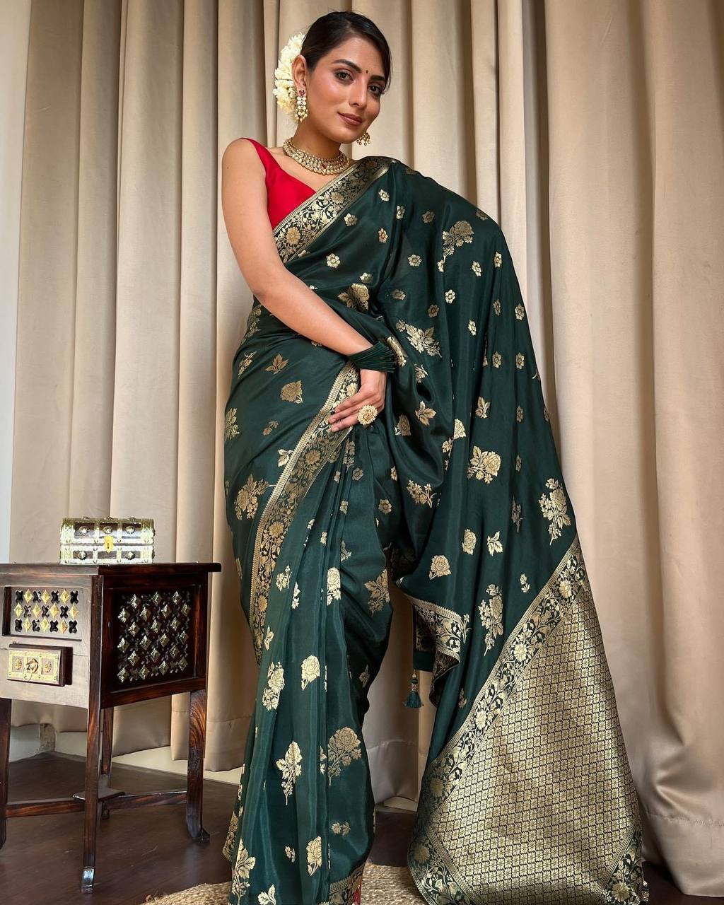 Stunning Banarasi Soft Silk Green Saree with Heavy Brocade Blouse Colorful Saree