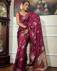 Stunning Banarasi Soft Silk Wine Saree with Heavy Brocade Blouse Colorful Saree