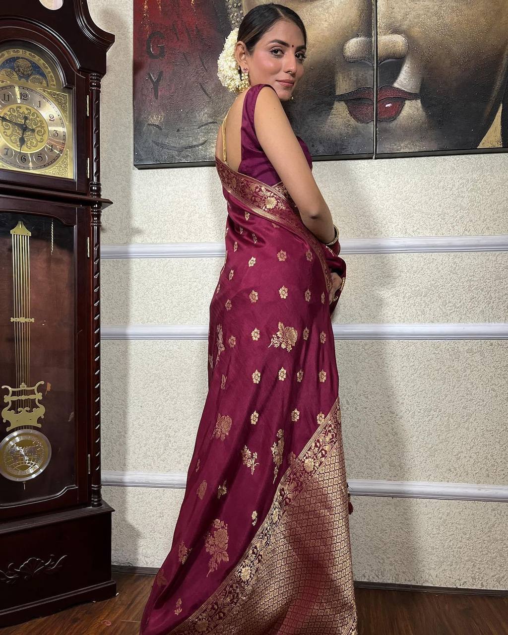 Stunning Banarasi Soft Silk Wine Saree with Heavy Brocade Blouse Colorful Saree