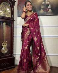 Stunning Banarasi Soft Silk Wine Saree with Heavy Brocade Blouse Colorful Saree