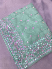 Stunning C-Pallu Embroidered Taby Organza Mint Green Saree with Heavy Work Blouse Colorful Saree