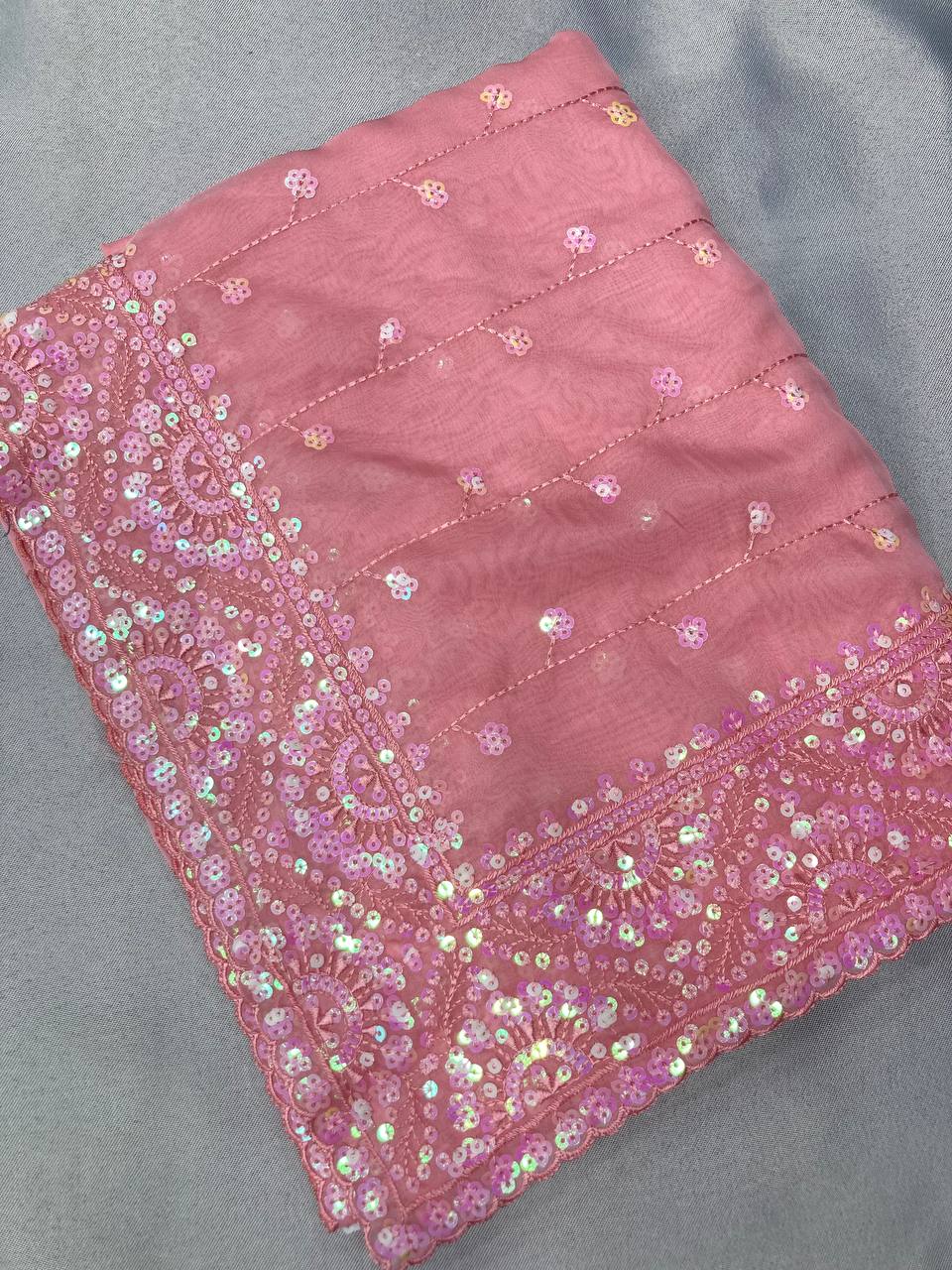 Stunning C-Pallu Embroidered Taby Organza Pink Saree with Heavy Work Blouse Colorful Saree