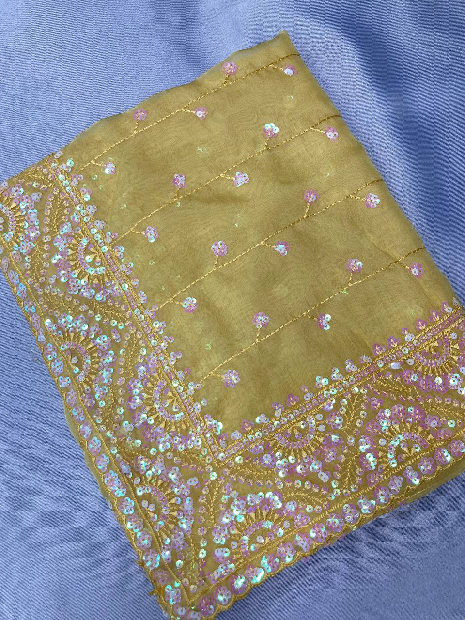 Stunning C-Pallu Embroidered Taby Organza Yellow Saree with Heavy Work Blouse Colorful Saree