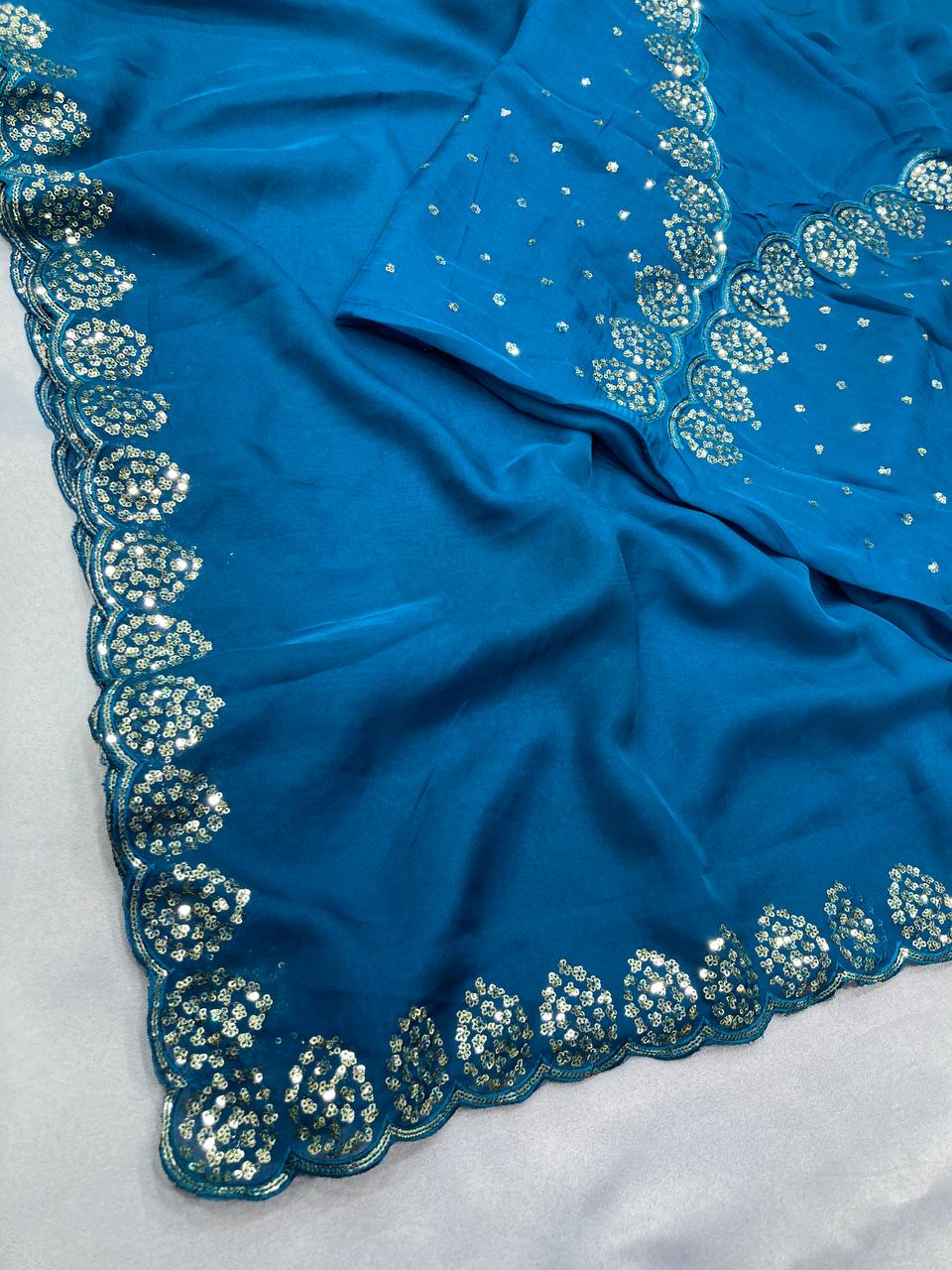 Stunning Copper Sequin Navy Blue Saree in Taby Organza Silk with Blouse Colorful Saree