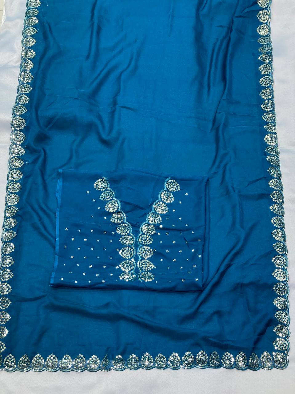 Stunning Copper Sequin Navy Blue Saree in Taby Organza Silk with Blouse Colorful Saree