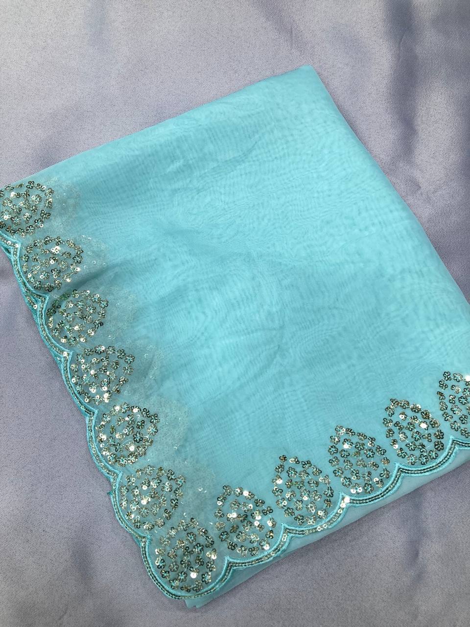 Stunning Copper Sequin Sky Blue Saree in Taby Organza Silk with Blouse Colorful Saree