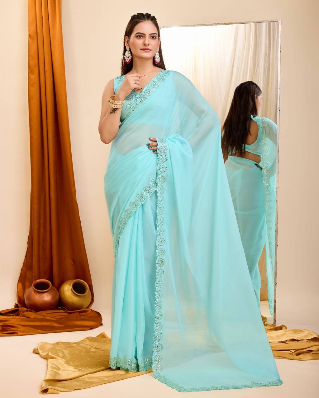 Stunning Copper Sequin Sky Blue Saree in Taby Organza Silk with Blouse Colorful Saree