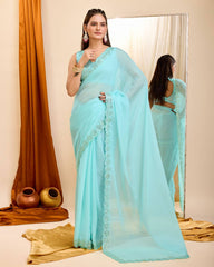 Stunning Copper Sequin Sky Blue Saree in Taby Organza Silk with Blouse Colorful Saree