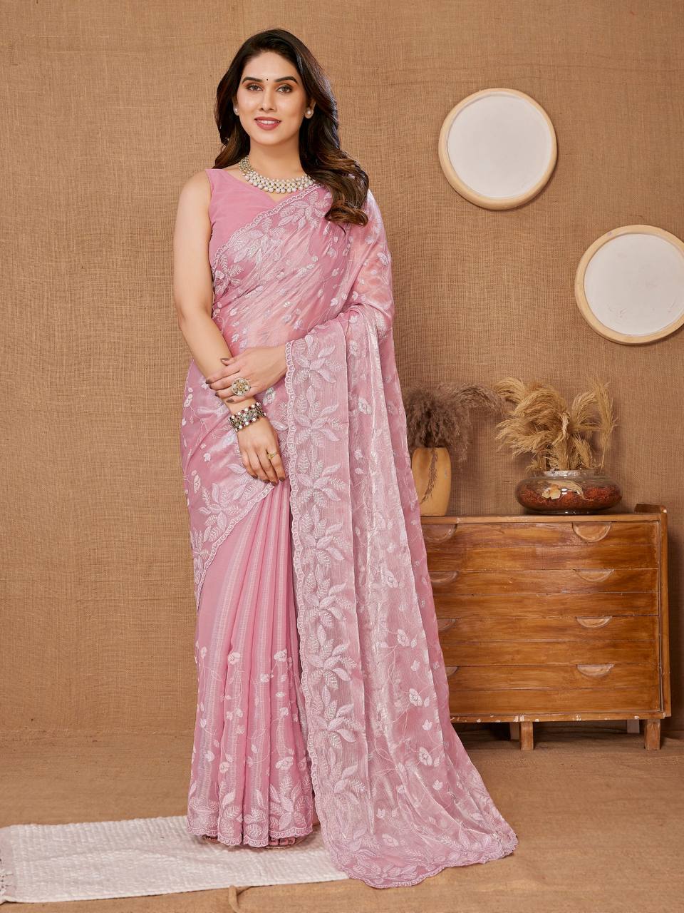 Stunning Cranberry Party Wear baby pink  Saree in Premium Burberry Silk Colorful Saree