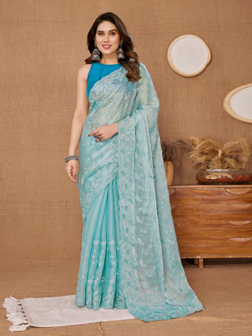 Stunning Cranberry Party Wear blue Saree in Premium Burberry Silk Colorful Saree