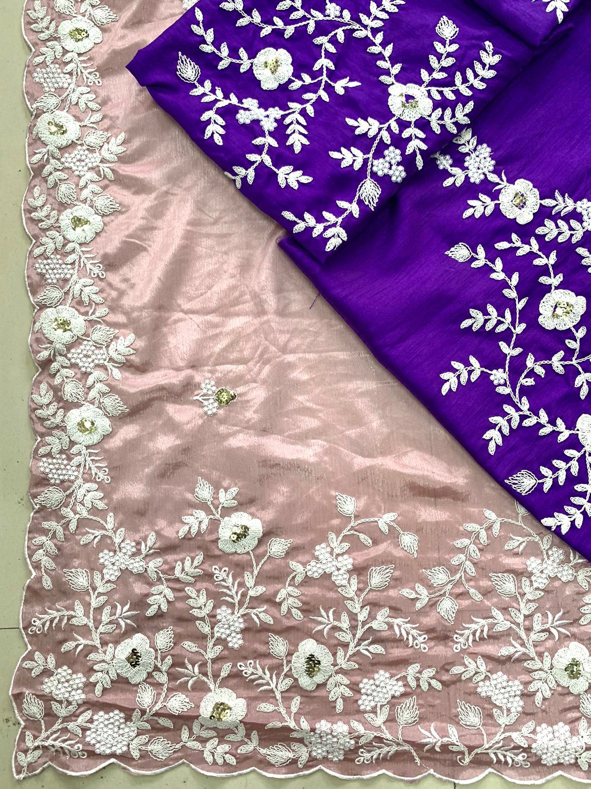 Stunning Embroidered Soft Chinon Silk Saree with Heavy Work Blouse - Perfect for Weddings Colorful Saree