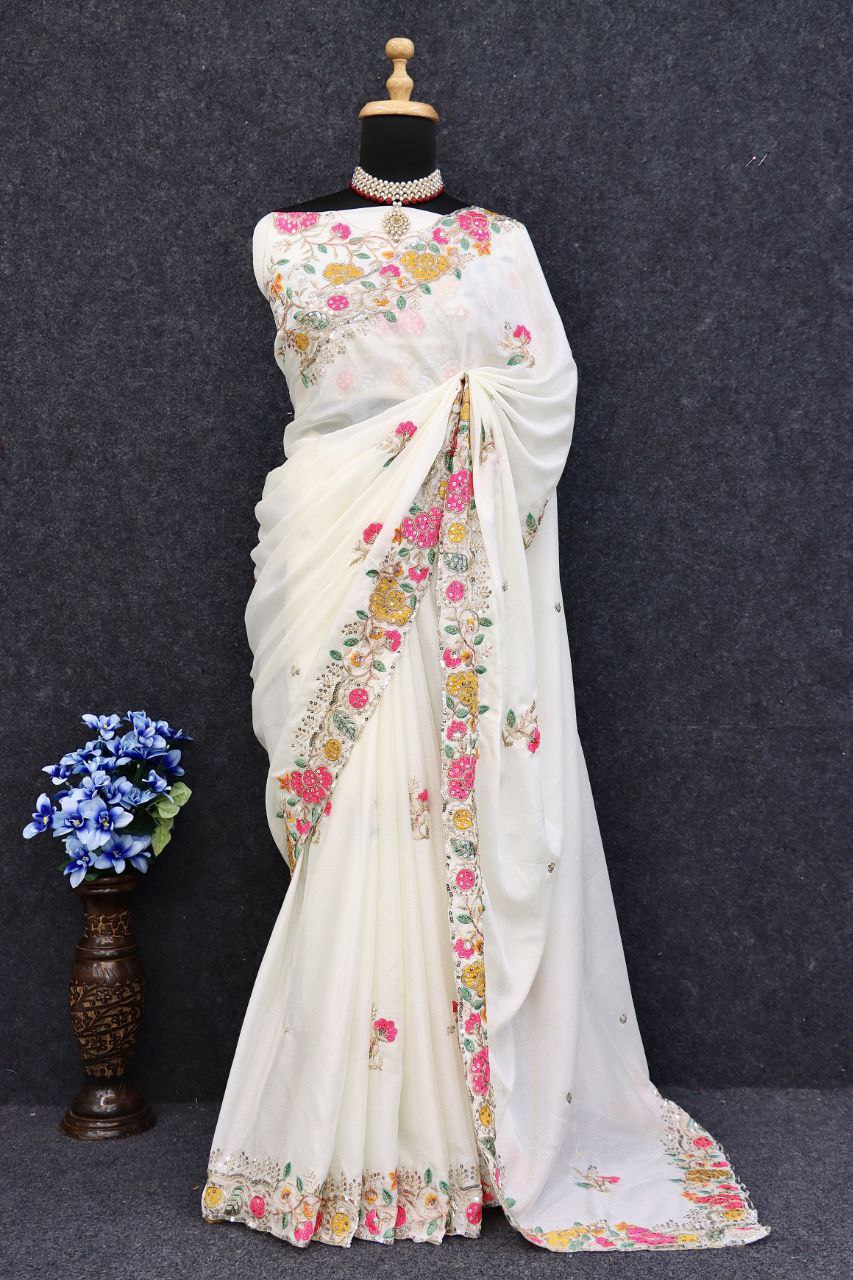 Stunning Embroidered Soft Chinon Silk Saree with Heavy Work Blouse Colorful Saree