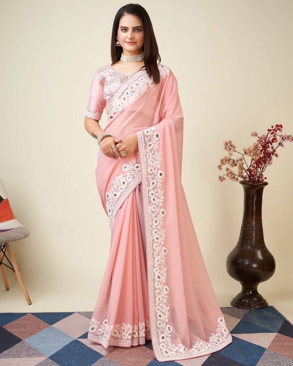 Stunning Faux Georgette Baby Pink Saree with Embroidered C-Pallu and Blouse Colorful Saree