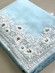 Stunning Faux Georgette Sky Blue Saree with Embroidered C-Pallu and Blouse Colorful Saree