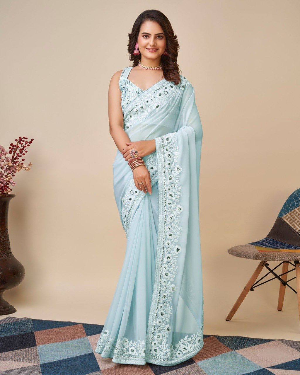 Stunning Faux Georgette Sky Blue Saree with Embroidered C-Pallu and Blouse Colorful Saree