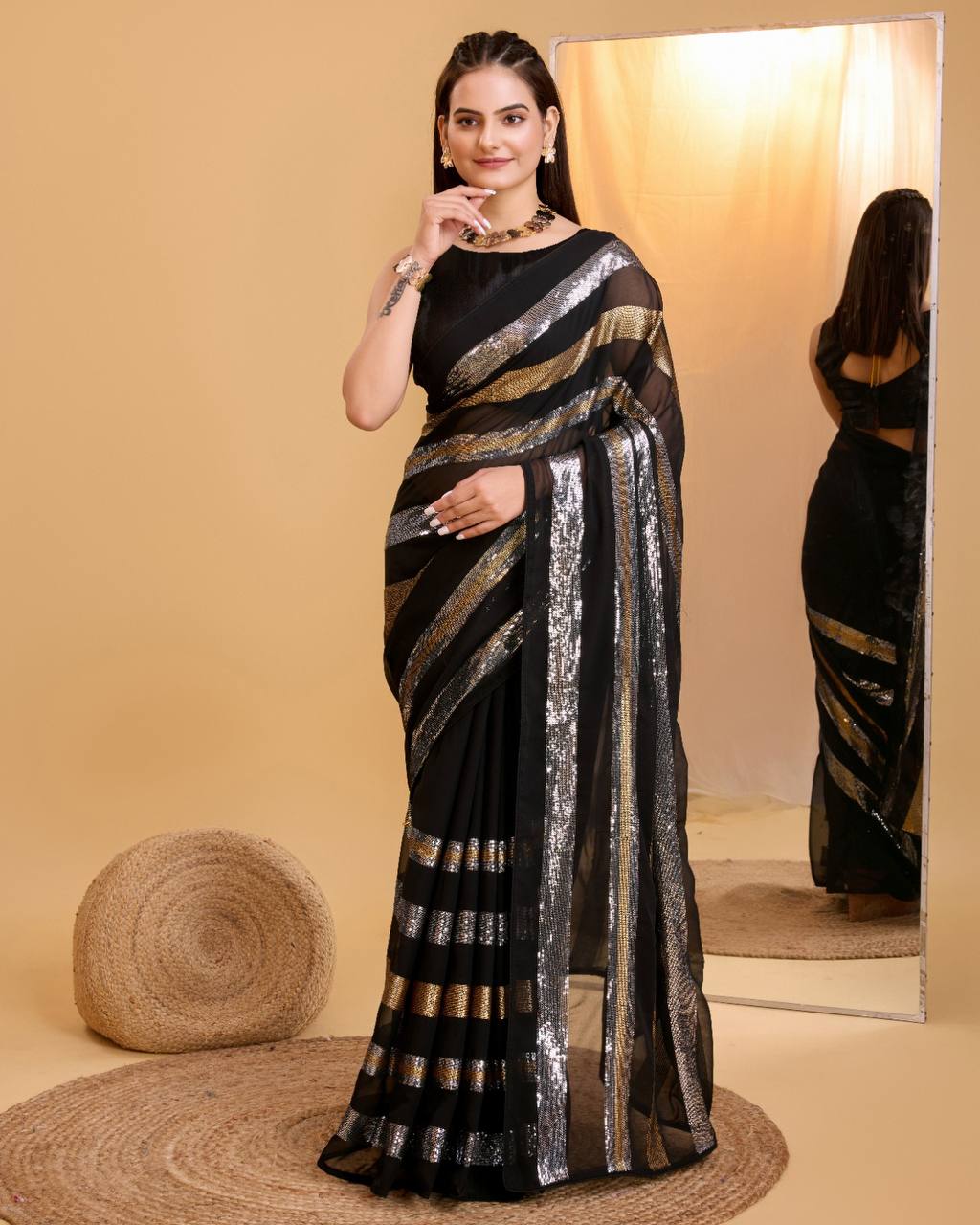 Stunning Georgette Black Saree with Copper & Silver Sequin Work Colorful Saree