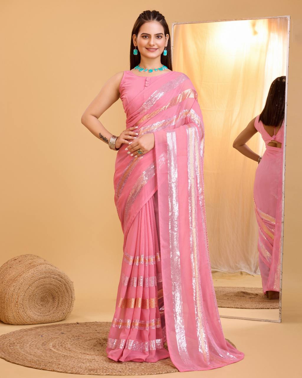 Stunning Georgette Pink Saree with Copper & Silver Sequin Work Colorful Saree