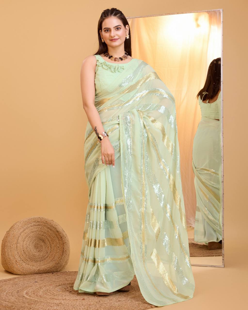 Stunning Georgette Pista Green Saree with Copper & Silver Sequin Work Colorful Saree