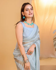 Stunning Georgette Sky Blue Saree with Copper & Silver Sequin Work Colorful Saree