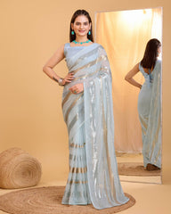 Stunning Georgette Sky Blue Saree with Copper & Silver Sequin Work Colorful Saree