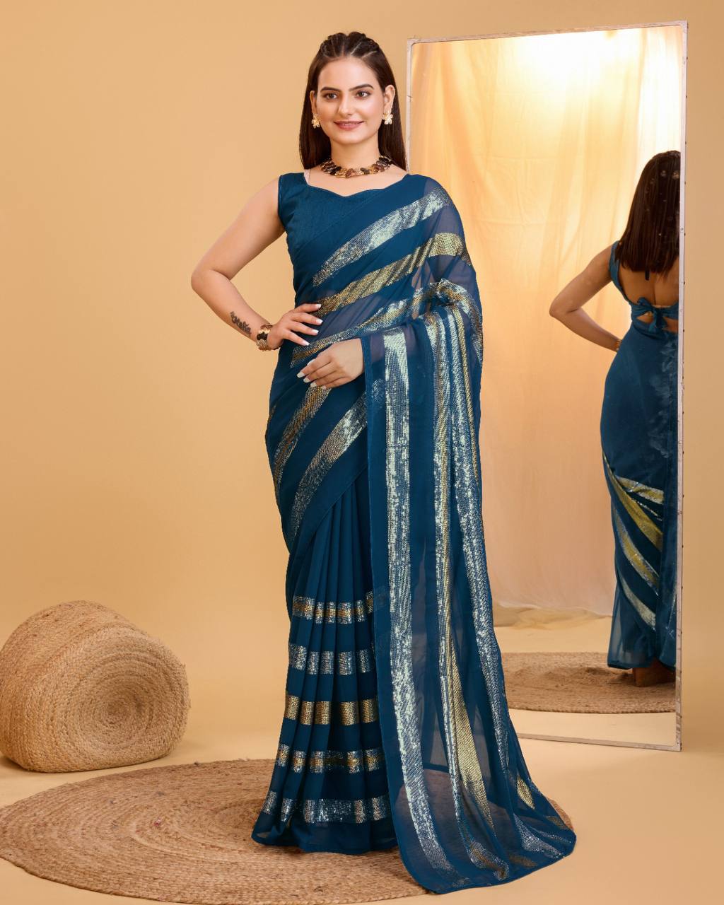 Stunning Georgette Blue Saree with Copper & Silver Sequin Work Colorful Saree