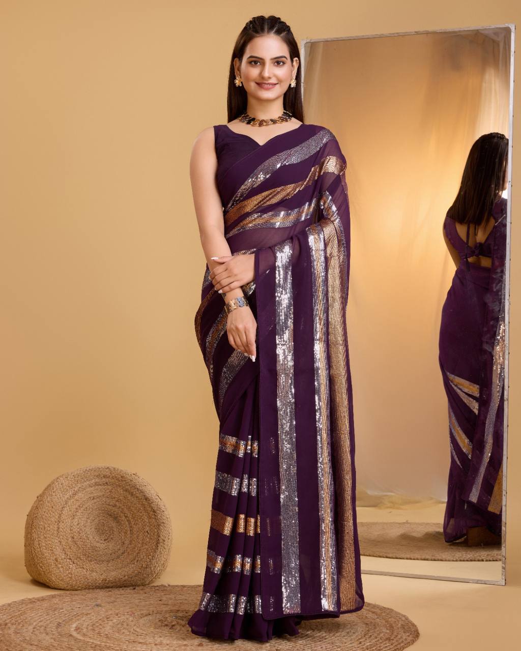 Stunning Georgette Wine Saree with Copper & Silver Sequin Work Colorful Saree