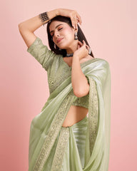 Stunning Pista Green Wedding Saree: Soft Premium Zimmy Chu Silk with Embroidered C-Pallu & Cutwork Border Colorful Saree