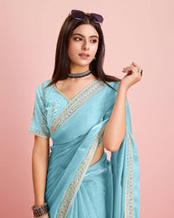 Stunning Sky Blue Wedding Saree: Soft Premium Zimmy Chu Silk with Embroidered C-Pallu & Cutwork Border Colorful Saree