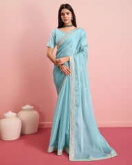 Stunning Sky Blue Wedding Saree: Soft Premium Zimmy Chu Silk with Embroidered C-Pallu & Cutwork Border Colorful Saree