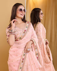 Stunning Taby Organza Silk Pink Saree with Sequin Embroidery and Heavy Lace Border Colorful Saree