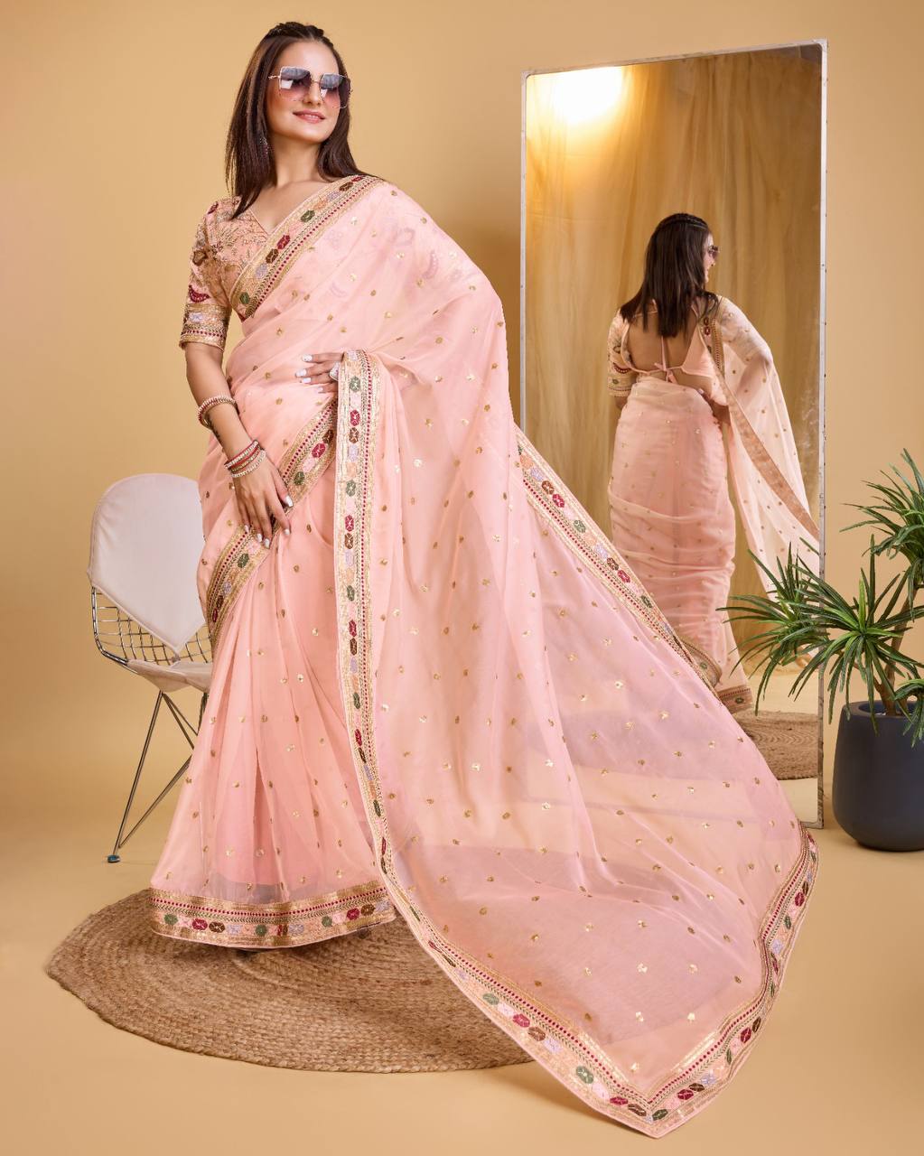 Stunning Taby Organza Silk Pink Saree with Sequin Embroidery and Heavy Lace Border Colorful Saree