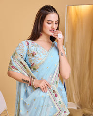 Stunning Taby Organza Silk Sky Blue Saree with Sequin Embroidery and Heavy Lace Border Colorful Saree