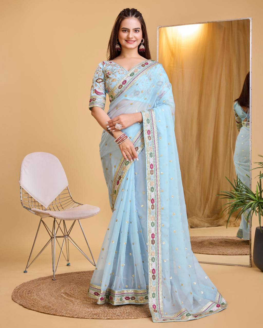 Stunning Taby Organza Silk Sky Blue Saree with Sequin Embroidery and Heavy Lace Border Colorful Saree