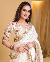 Stunning Taby Organza Silk White Saree with Sequin Embroidery and Heavy Lace Border Colorful Saree