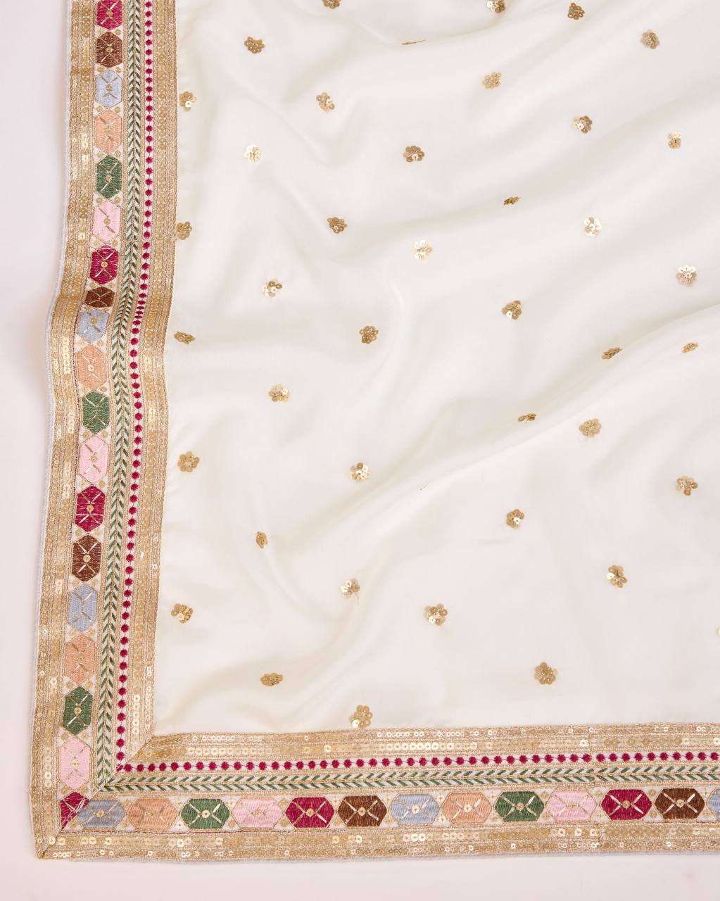 Stunning Taby Organza Silk White Saree with Sequin Embroidery and Heavy Lace Border Colorful Saree