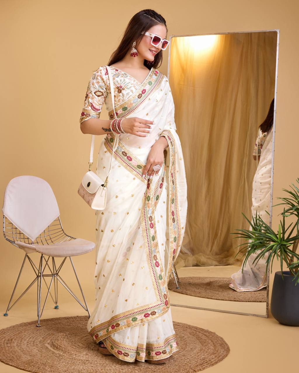 Stunning Taby Organza Silk White Saree with Sequin Embroidery and Heavy Lace Border Colorful Saree