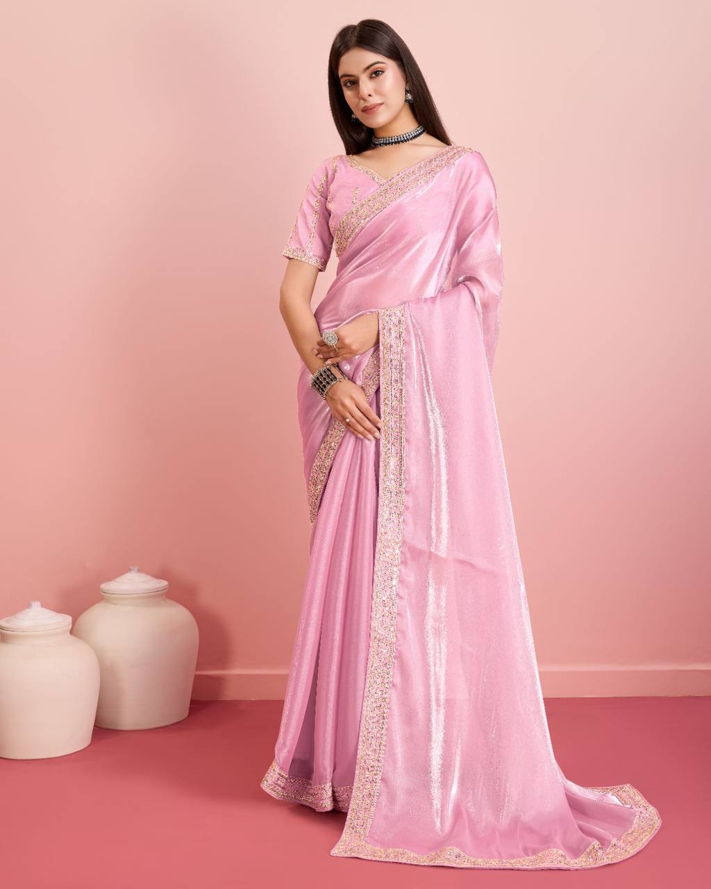 Stunning Wedding Baby Pink Saree: Soft Premium Zimmy Chu Silk with Embroidered C-Pallu & Cutwork Border Colorful Saree