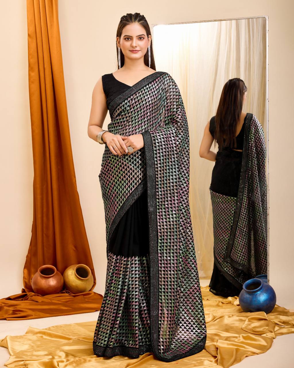 Stunning Wedding Black Saree: All-Over Sequence Work on Premium Georgette Colorful Saree