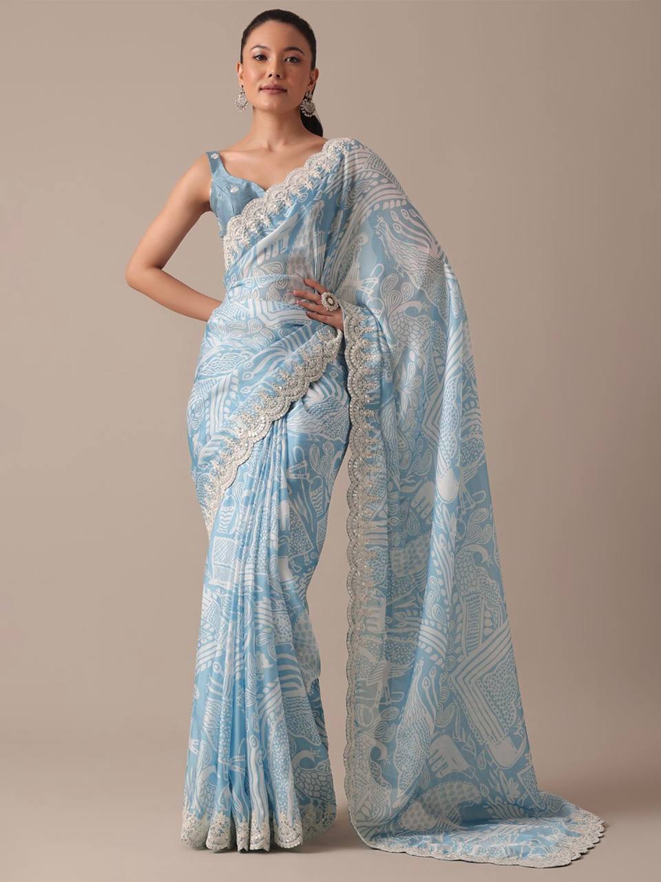 Stunning Wedding Blue Saree: Digital Print & Embroidery on Pure Georgette Chiffon Colorful Saree