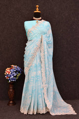 Stunning Wedding Blue Saree: Digital Print & Embroidery on Pure Georgette Chiffon Colorful Saree