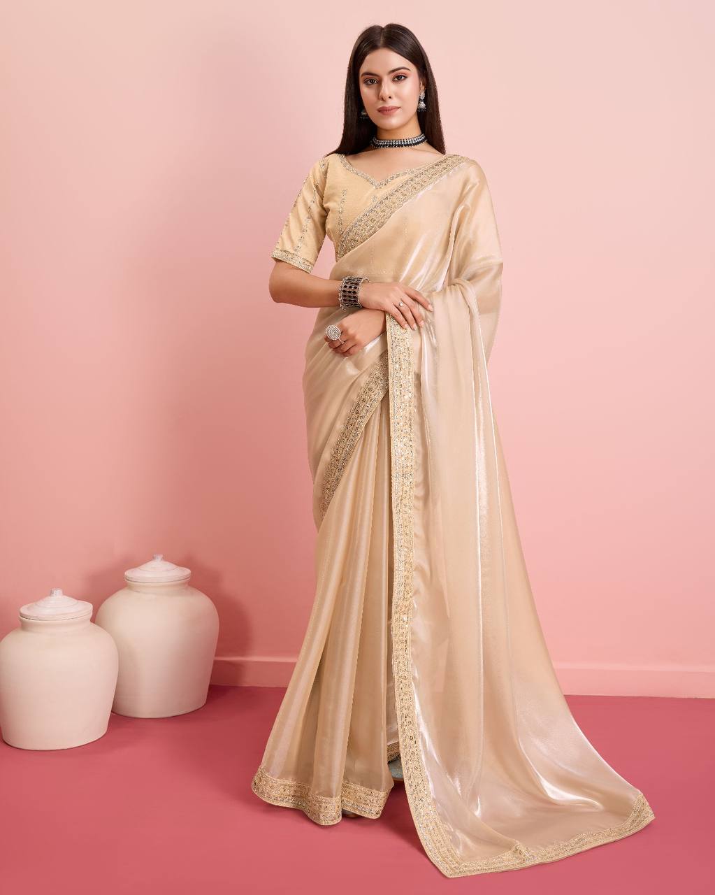 Stunning Wedding Cream Saree: Soft Premium Zimmy Chu Silk with Embroidered C-Pallu & Cutwork Border Colorful Saree