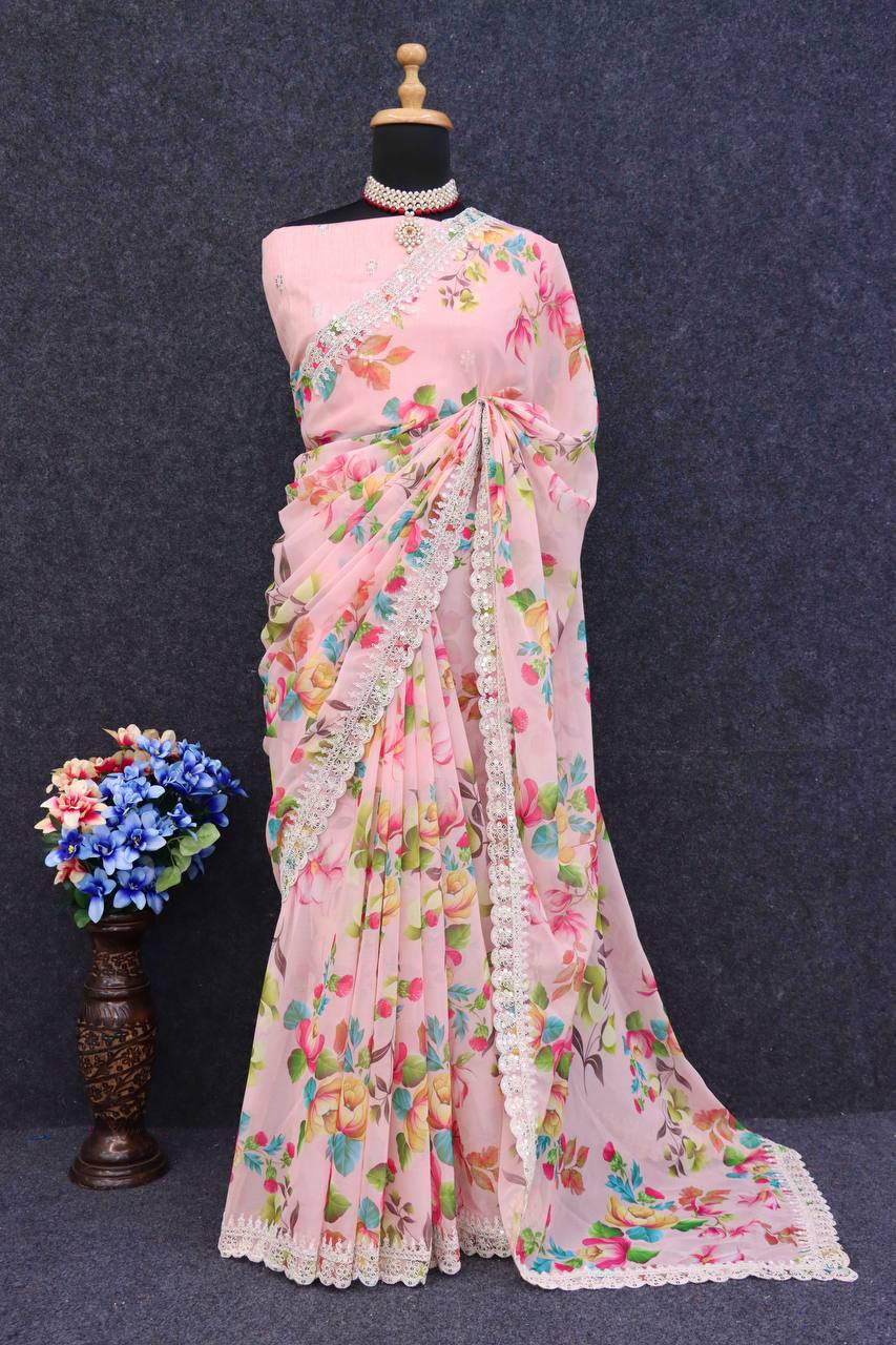 Stunning Wedding Pink Saree: Pure Georgette Chiffon with Digital Print, Embroidery & Cutwork Border Colorful Saree