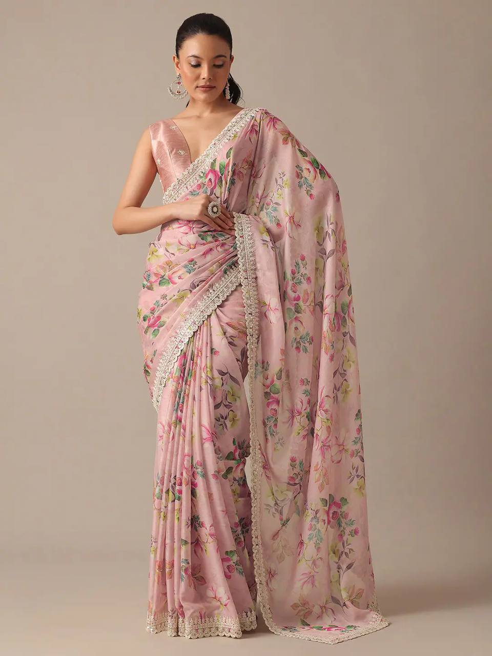 Stunning Wedding Pink Saree: Pure Georgette Chiffon with Digital Print, Embroidery & Cutwork Border Colorful Saree