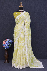 Stunning Wedding Pista Green Color Saree: Digital Print & Embroidery on Pure Georgette Chiffon Colorful Saree