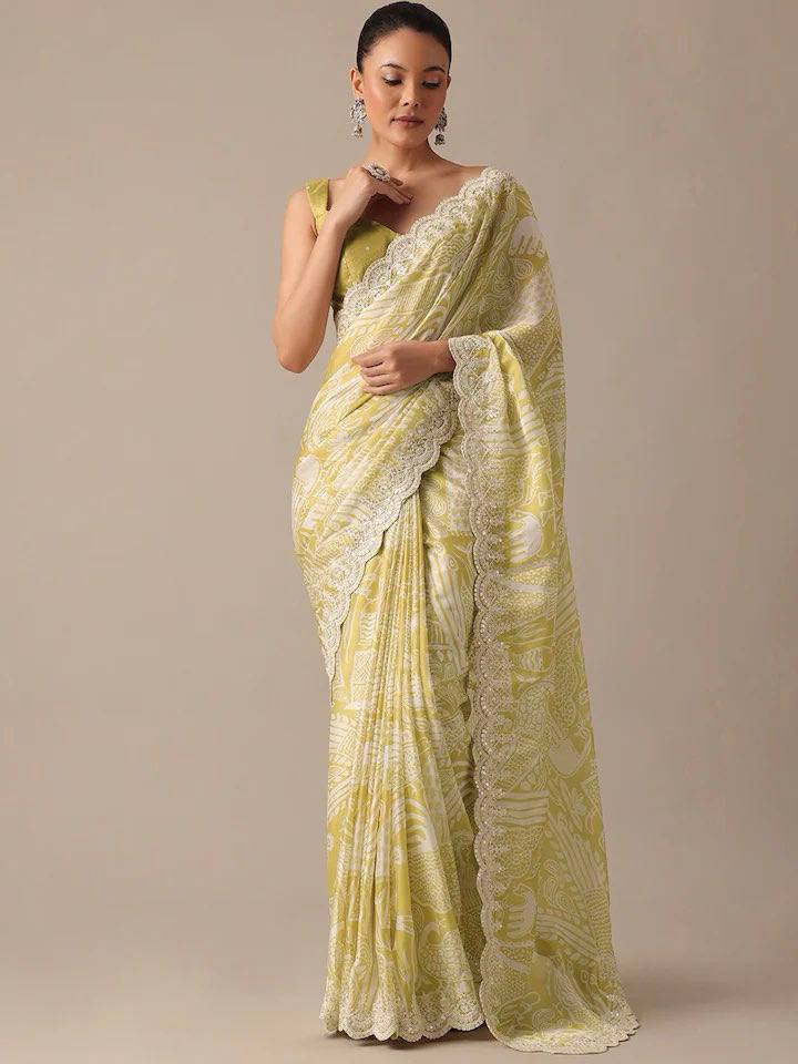 Stunning Wedding Pista Green Color Saree: Digital Print & Embroidery on Pure Georgette Chiffon Colorful Saree