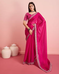 Stunning Wedding Rani Pink Saree: Soft Premium Zimmy Chu Silk with Embroidered C-Pallu & Cutwork Border Colorful Saree