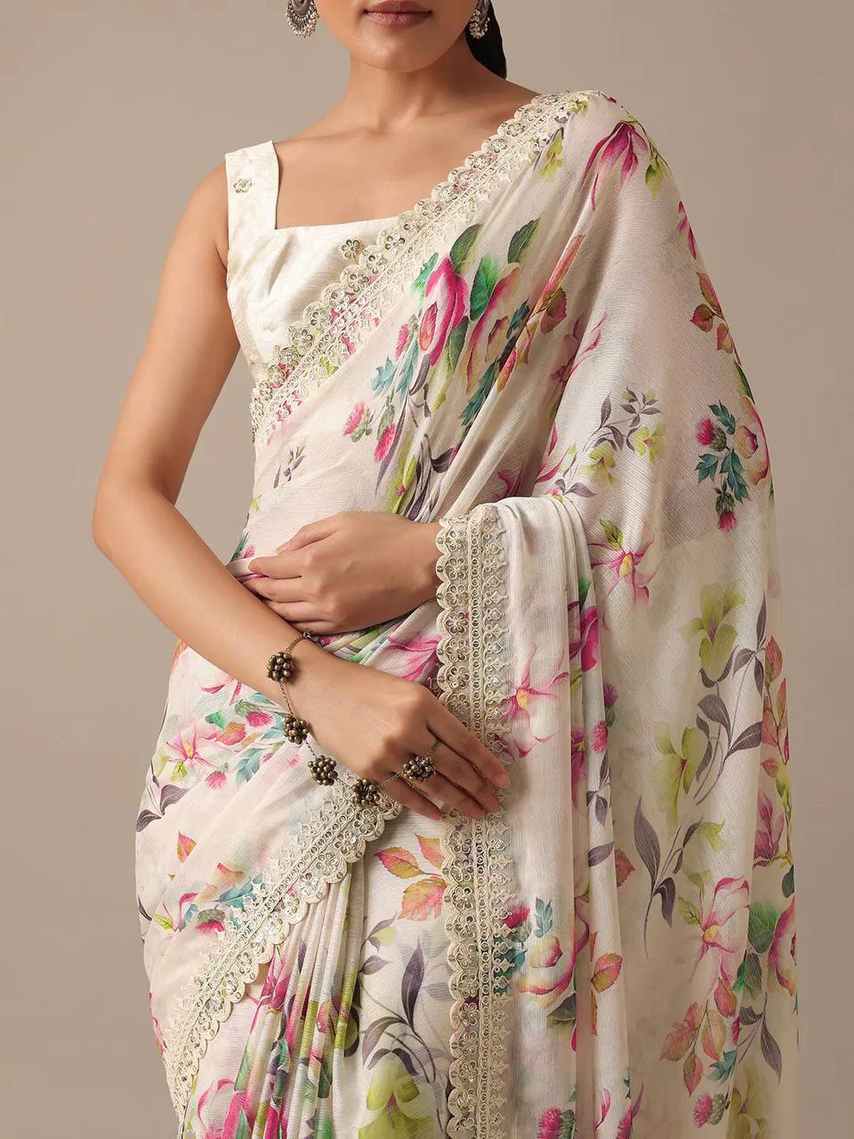 Stunning Wedding White Saree: Pure Georgette Chiffon with Digital Print, Embroidery & Cutwork Border Colorful Saree