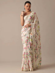 Stunning Wedding White Saree: Pure Georgette Chiffon with Digital Print, Embroidery & Cutwork Border Colorful Saree