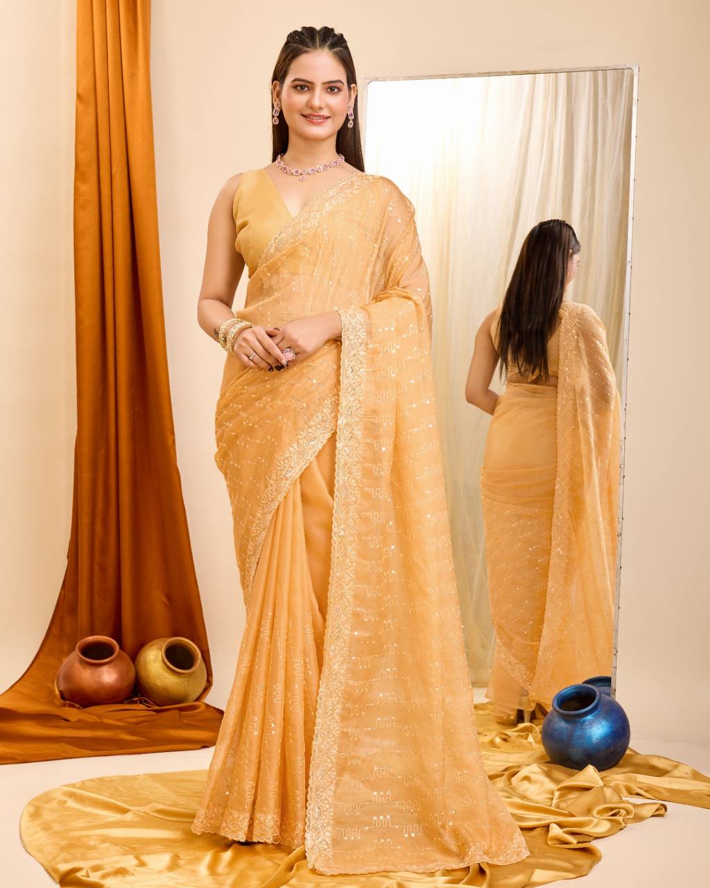 Taby Organza Mustured Yellow Silk Saree with Exquisite Sequin Embroidery and Piping Border Colorful Saree